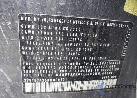 2019 Volkswagen Tiguan 2.0T S z USA, uszkodzony, nr VIN 3VV1B7AX5KM009121